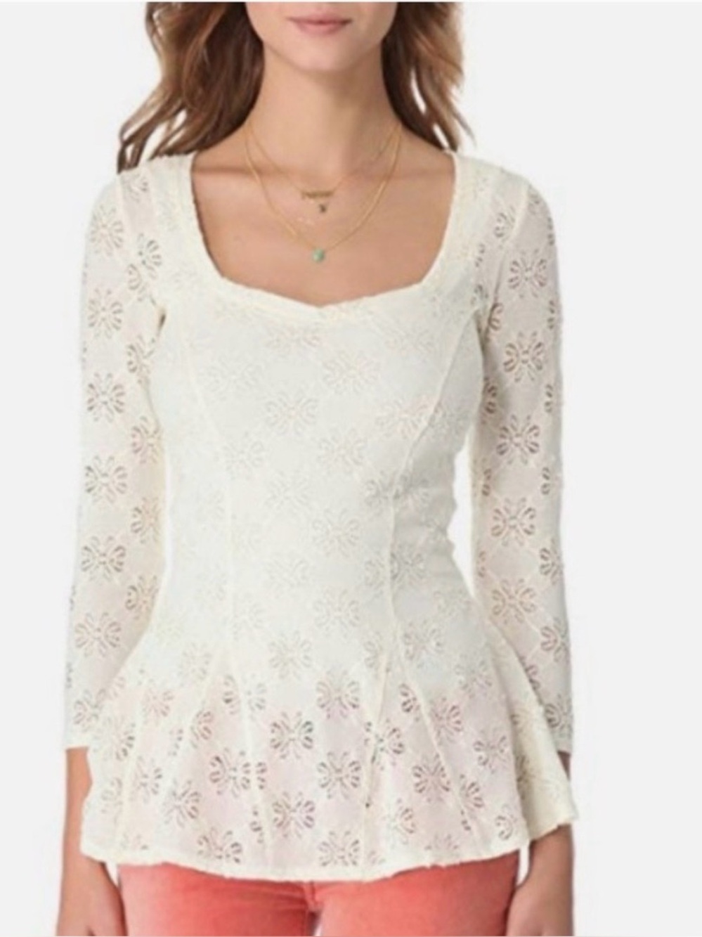 Free People Godet Daisy Cream Lace Peplum Top - Picture 2 of 6